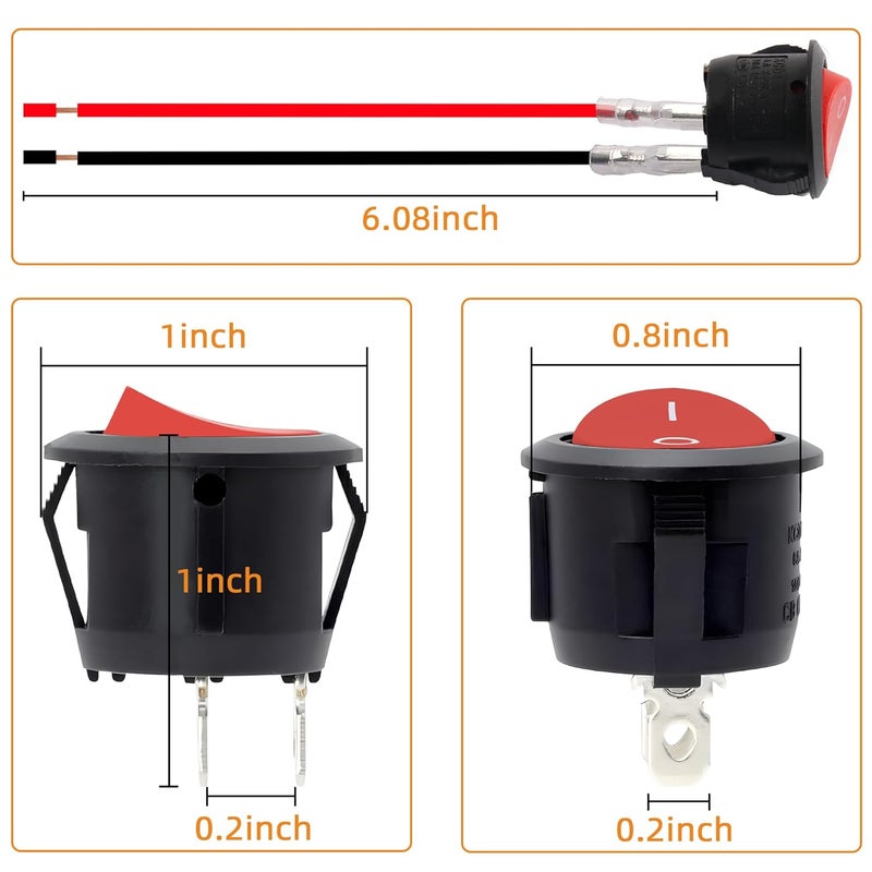 Juasky 10pack On Off Switch,KCD1 Rocker Switch 2 Pin Mini Pre-Wired Red Latching Round Toggle SPST Snap for Boat - Image 2